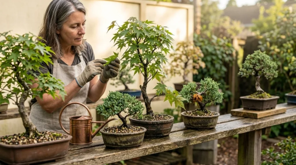 Healthy bonsai trees spaced for airflow while a grower checks leaves to prevent recurring rust disease