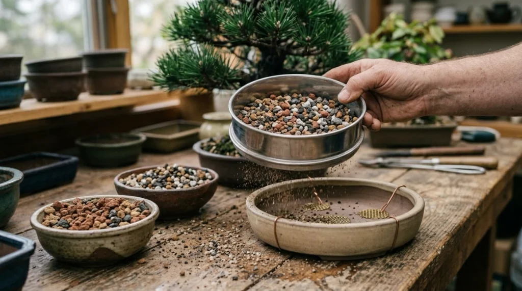 Bonsai grower sifting fine dust from granular soil before potting to help prevent compaction.
