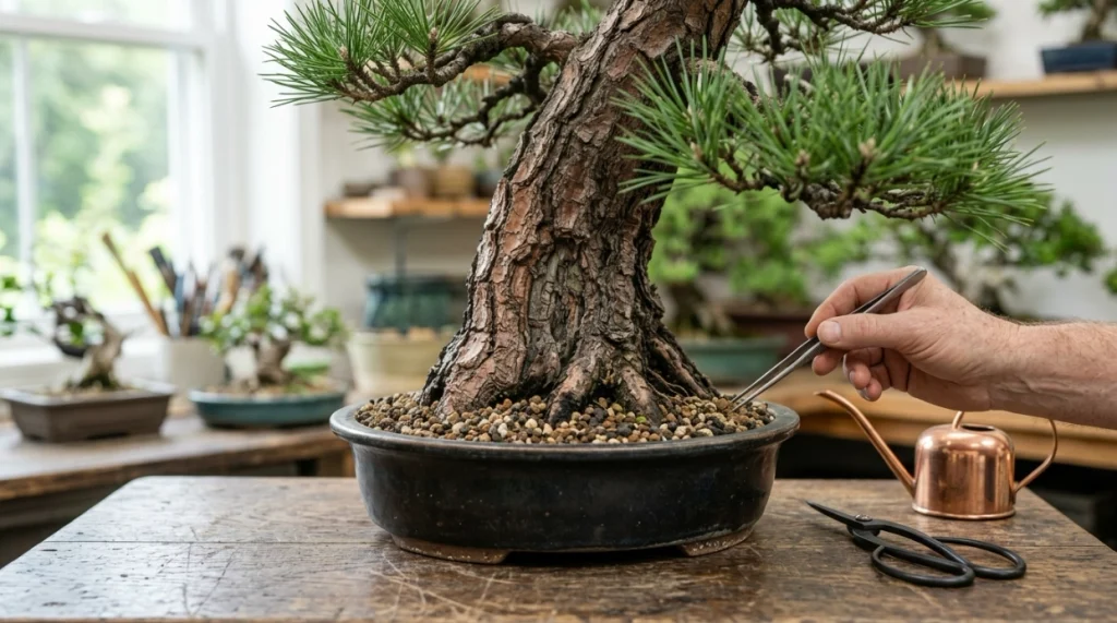 Healthy bonsai with free-draining soil, exposed trunk base, airflow, correct light, and clean tools.