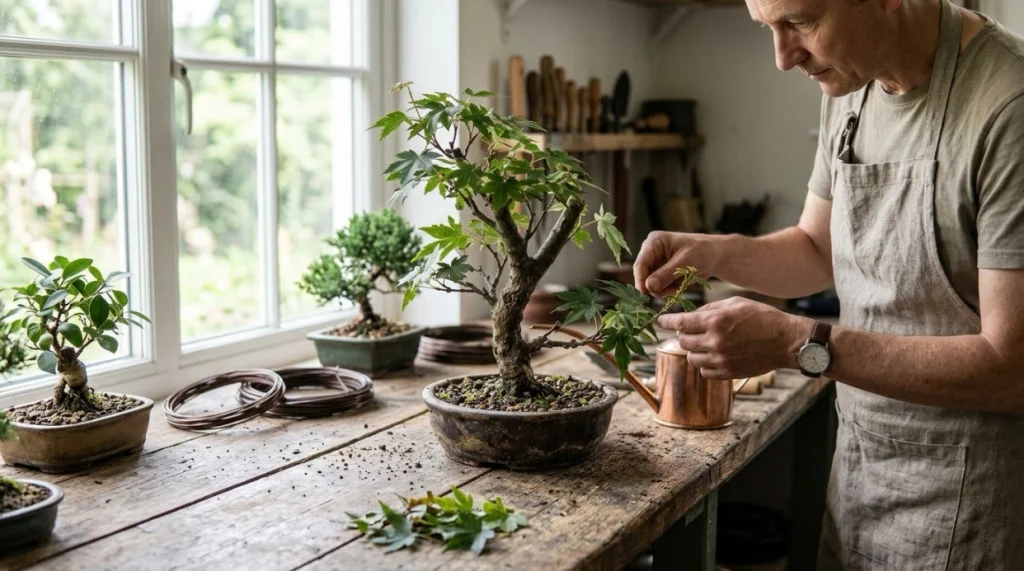 Bonsai pest prevention with leaf inspection, plant spacing, quarantine, correct watering, and clean growing area
