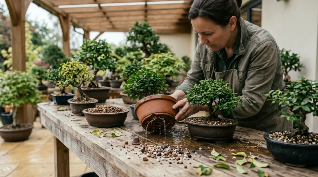 Grower checking bonsai soil moisture, drainage holes, pot feet, and seasonal watering needs.