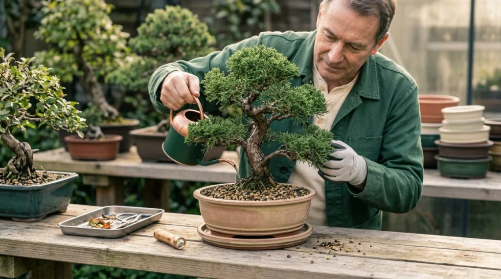 Grower inspecting and watering bonsai on a clean, well-drained bench to prevent earwigs