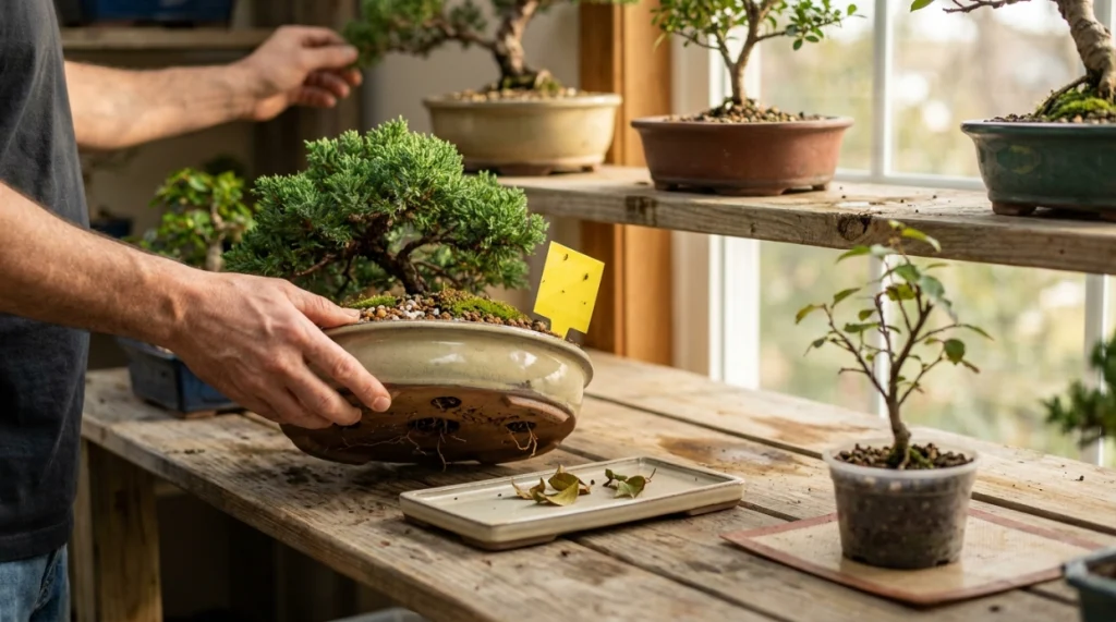 Bonsai grower preventing fungus gnats by checking moisture, drainage, debris, and newly acquired plants