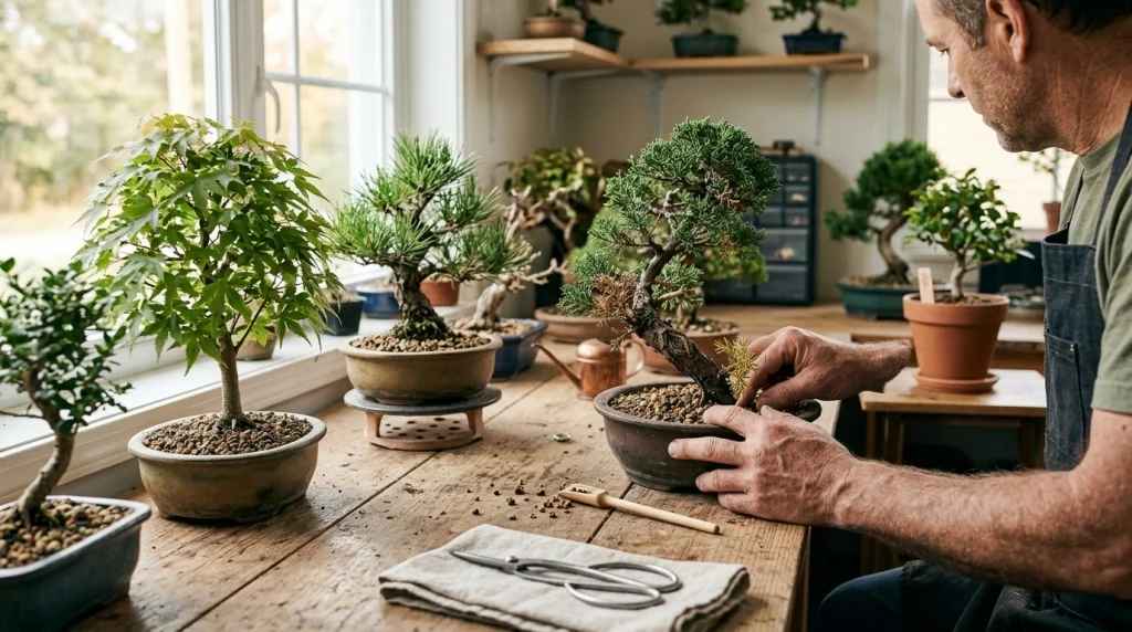 Healthy bonsai care setup showing drainage, airflow, watering checks, clean tools, and quarantine