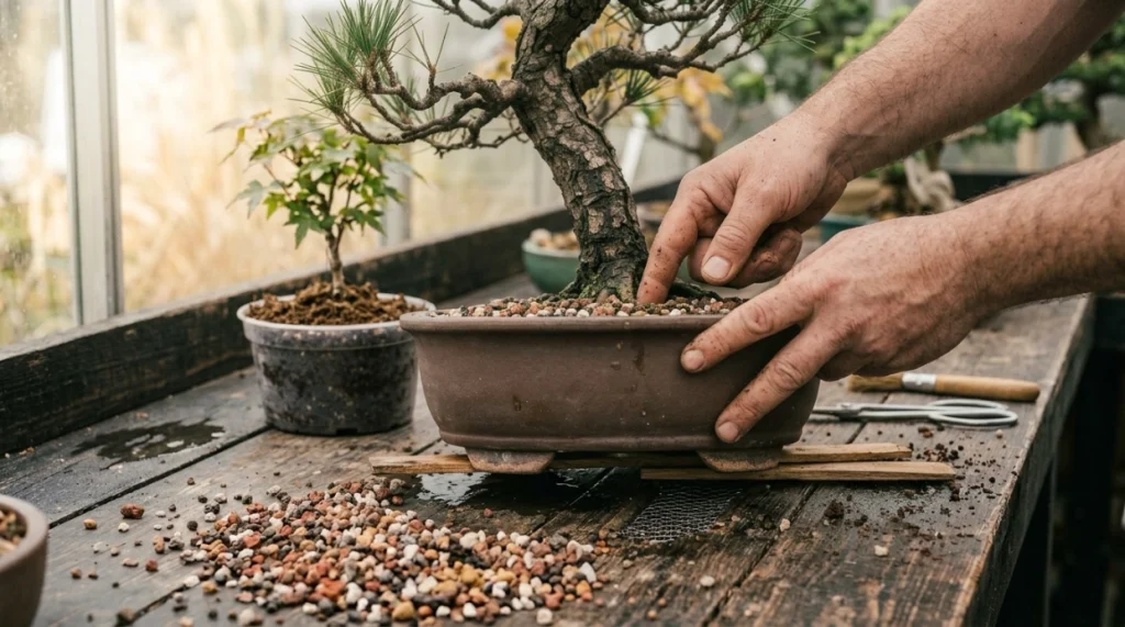 Healthy bonsai in granular soil while a grower checks moisture before watering