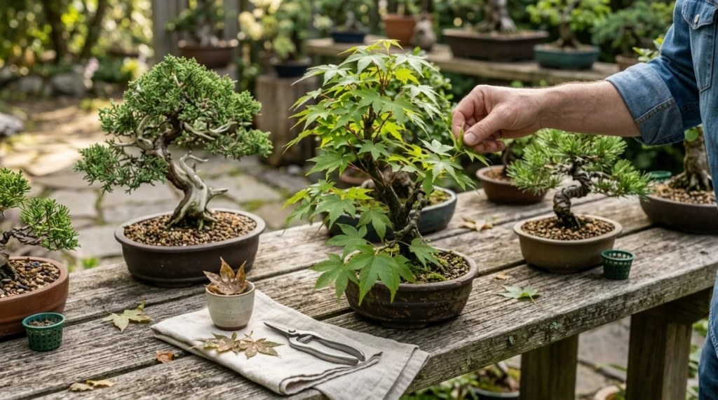 Well-spaced healthy bonsai receiving light and airflow to reduce repeat powdery mildew