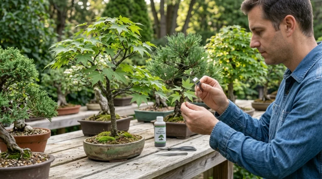 Healthy spaced bonsai trees showing preventive care against recurring powdery mildew