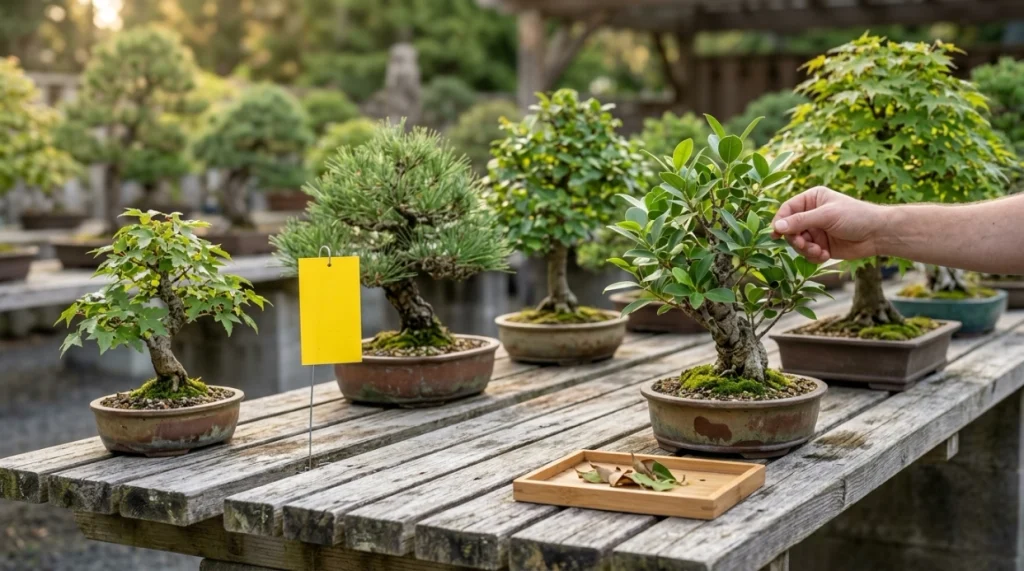 Healthy bonsai spaced apart with quarantine tree, sticky card, and clean pest-prevention workspace