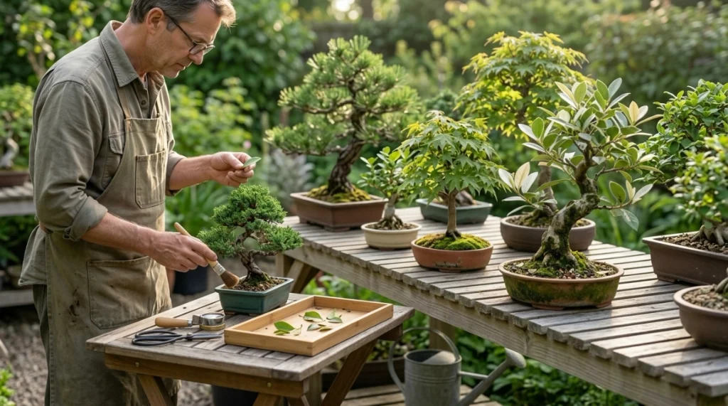 Healthy bonsai spaced apart while a grower checks for tiny black bugs and cleans tools