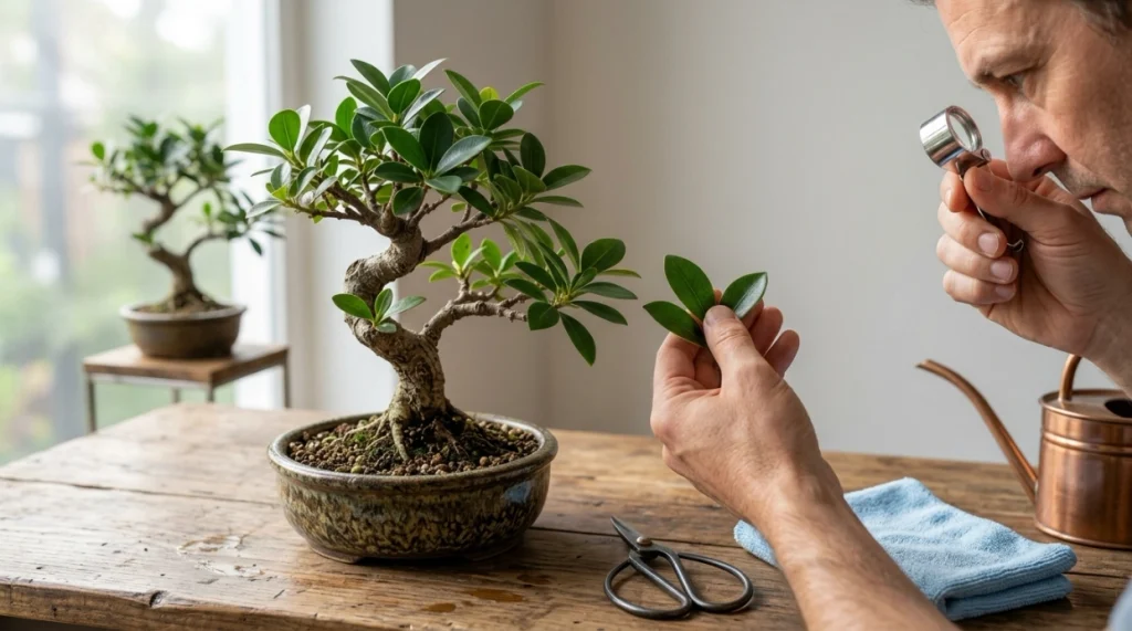 Grower inspecting bonsai leaves while a new tree remains separated for quarantine
