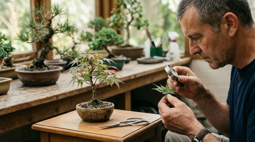 Grower inspects a new bonsai with a hand lens before adding it to the collection