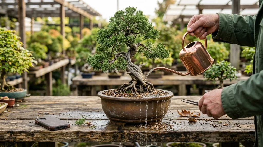 Grower watering bonsai with clear trunk base, good airflow, drainage, and healthy bark