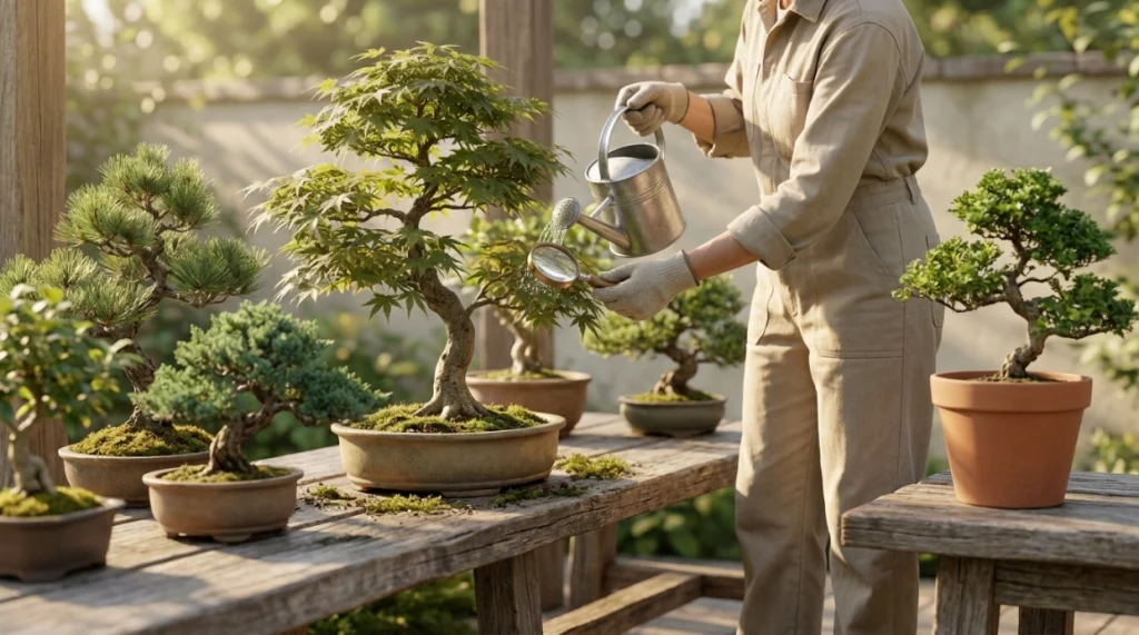 Grower checking bonsai leaves while watering a spaced collection with a new tree quarantined nearby