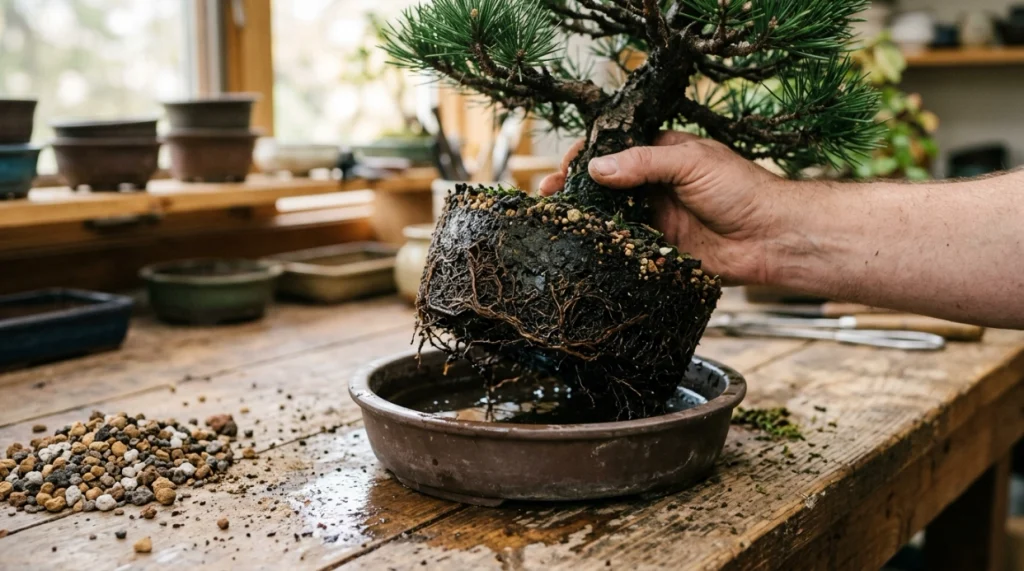 Dense compacted bonsai root ball with wet soil, poor aeration, and restricted fine roots.