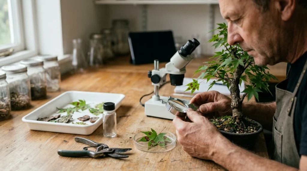 Plant diagnostician examining bacterial leaf spot on bonsai with magnifier and microscope