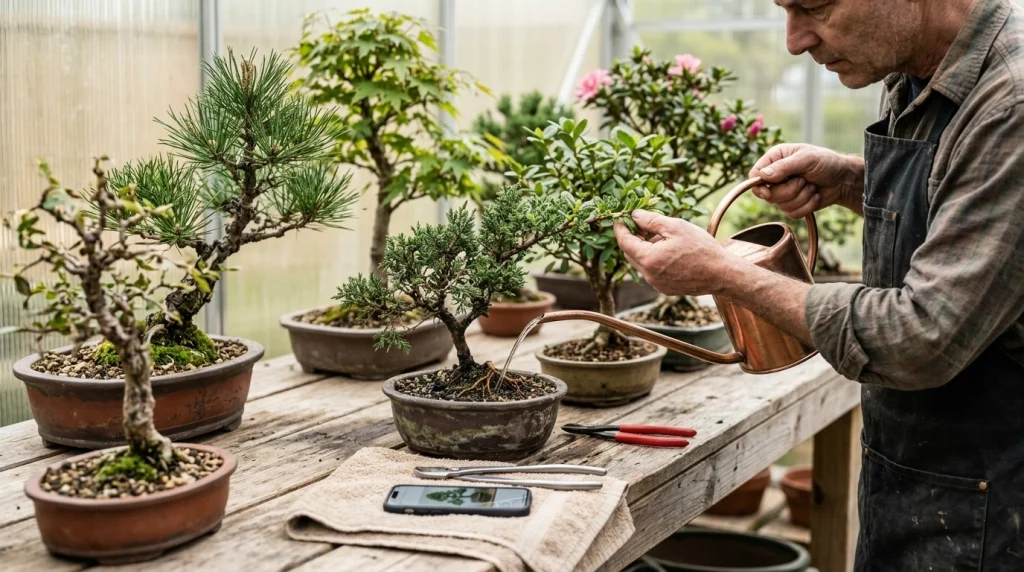 Grower inspecting spaced bonsai trees with clean tools and careful watering to prevent disease spread.
