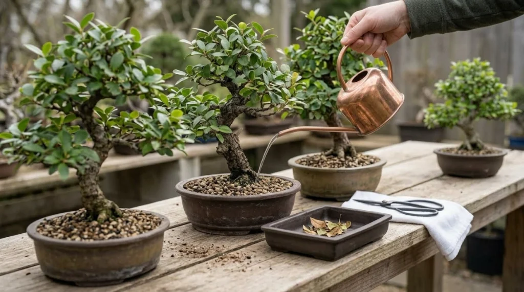 Healthy bonsai trees spaced for airflow with clean tools and proper watering practices