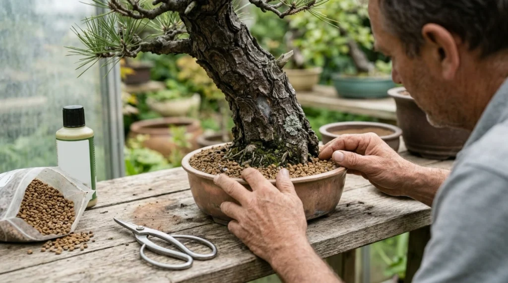 Bonsai grower inspecting soil and trunk before deciding on repotting or fungicide