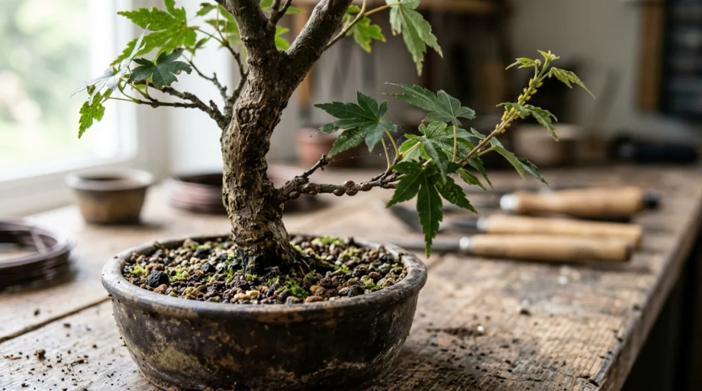Bonsai showing scale bumps, spider mite stippling, aphids, and a small soil gnat