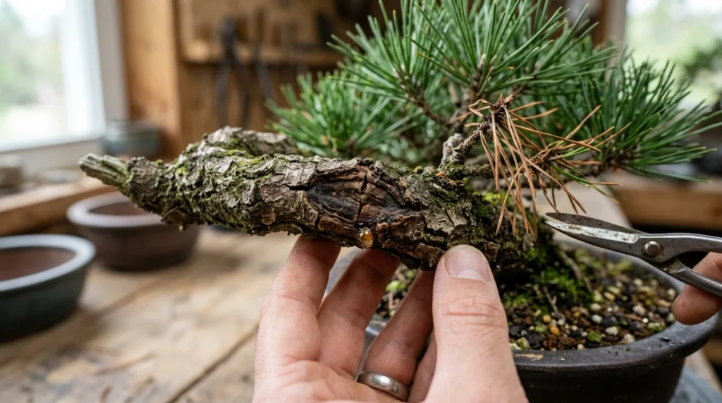 Bonsai branch showing bacterial canker lesion, bark cracking, gumming, and shoot dieback
