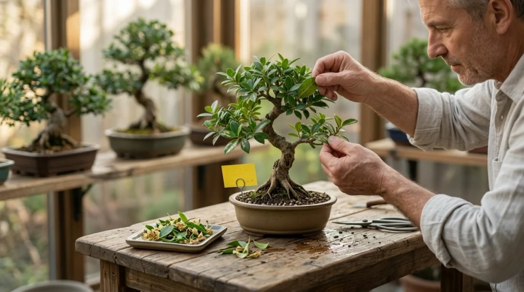 Gardener quarantining and inspecting a bonsai to prevent thrips from spreading or returning