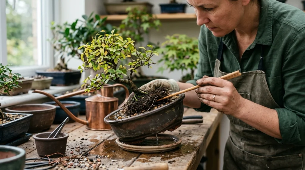 Grower checking slow drainage, wet soil, yellow leaves, and roots on a stressed bonsai.