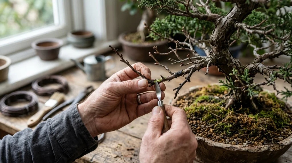 Grower performing a scratch test to check whether a bonsai branch is dead