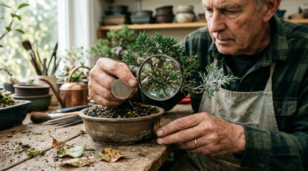 Grower inspecting spotted bonsai leaves with a hand lens to identify fungal disease symptoms