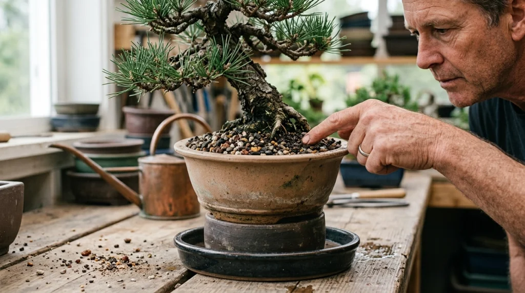 Bonsai grower checking soil moisture while excess water drains freely from a shallow pot