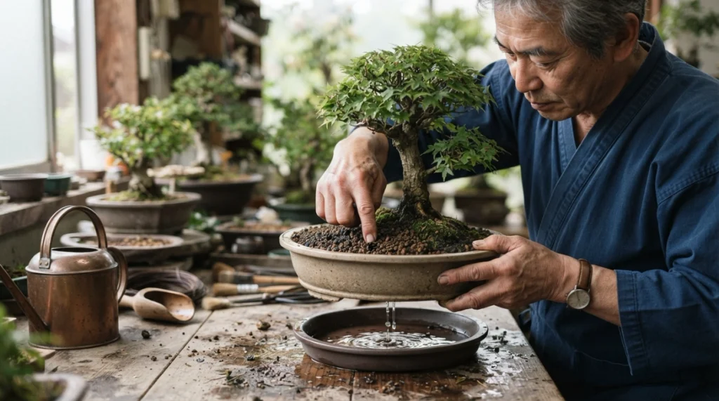 Grower checking bonsai soil moisture before watering to help prevent root rot