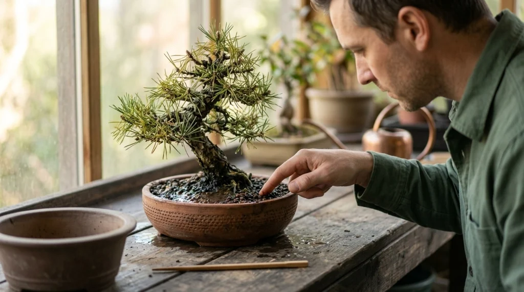 Grower checks wet bonsai soil while yellow leaves and poor drainage suggest root problems.