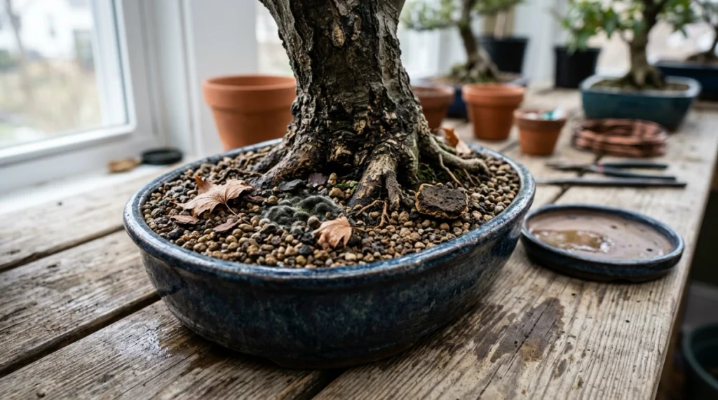 Damp bonsai soil with black mold, fallen leaves, bark particles, and old fertilizer residue