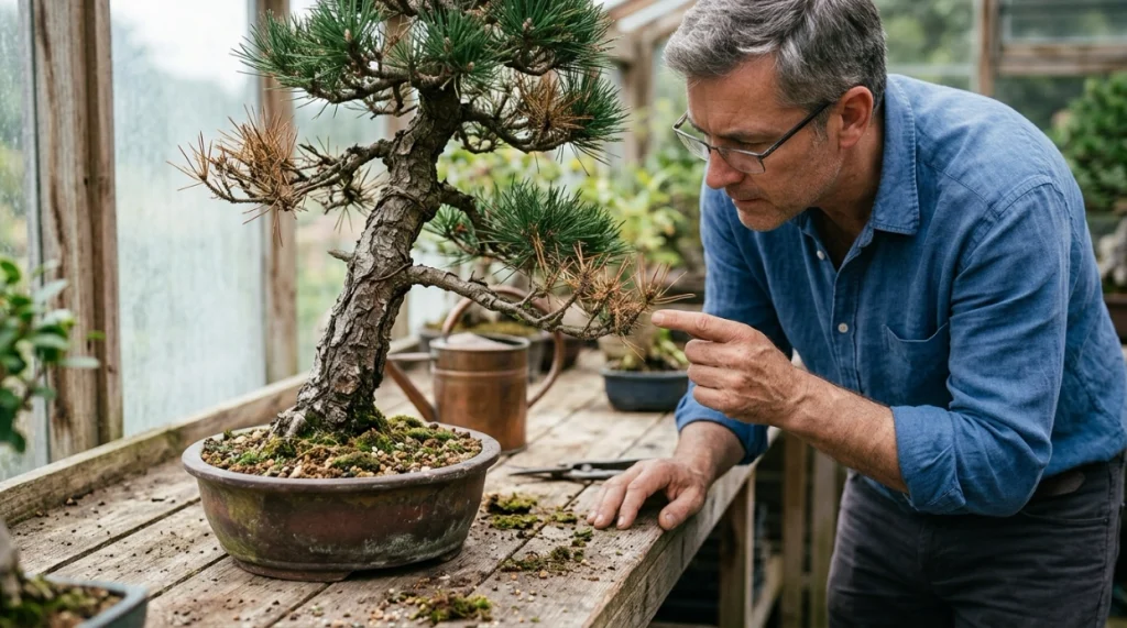 Bonsai branch dieback inspection showing brown tips, healthy foliage, wet soil, and wire damage.