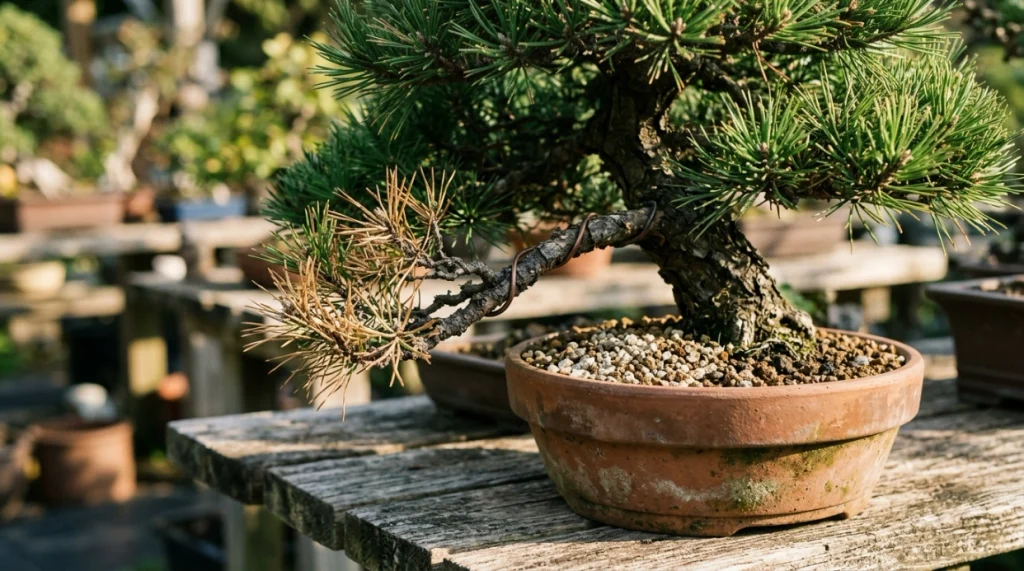 Bonsai branch dieback with brown tips, training wire and visible soil showing possible stress causes.