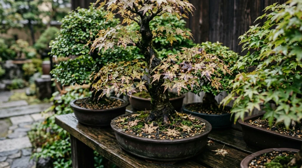 Wet bonsai leaves with brown spots in a crowded humid bonsai garden