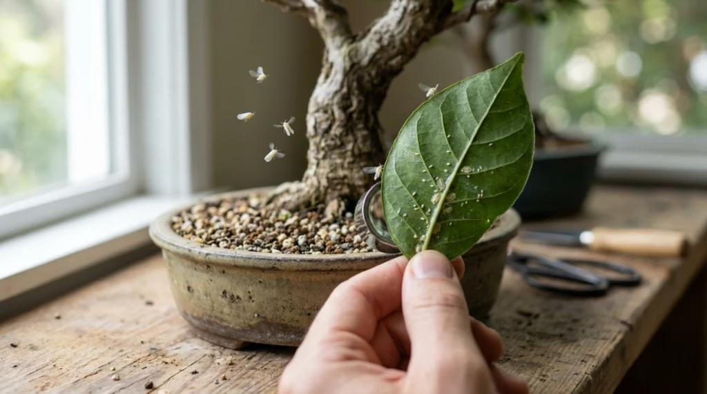 Whiteflies, eggs, and nymphs visible on the underside of a bonsai leaf