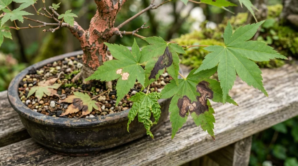 Anthracnose on bonsai leaves with irregular brown lesions, vein damage, curling, and fallen foliage