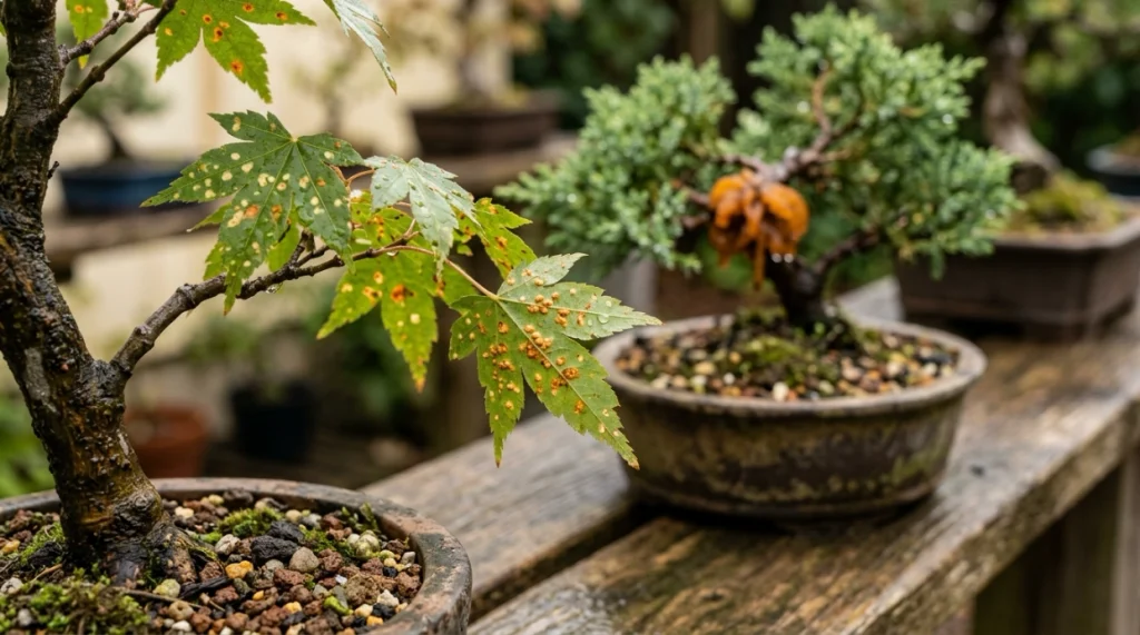Close-up of rust disease on bonsai trees showing orange leaf pustules and juniper gall symptoms