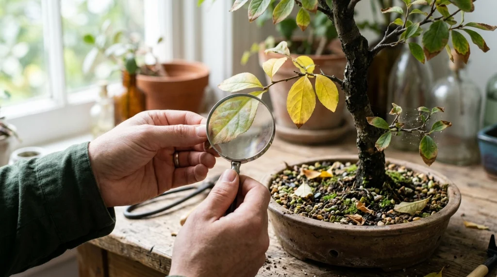 Bonsai inspection showing yellow leaves, damp soil, webbing and leaf damage