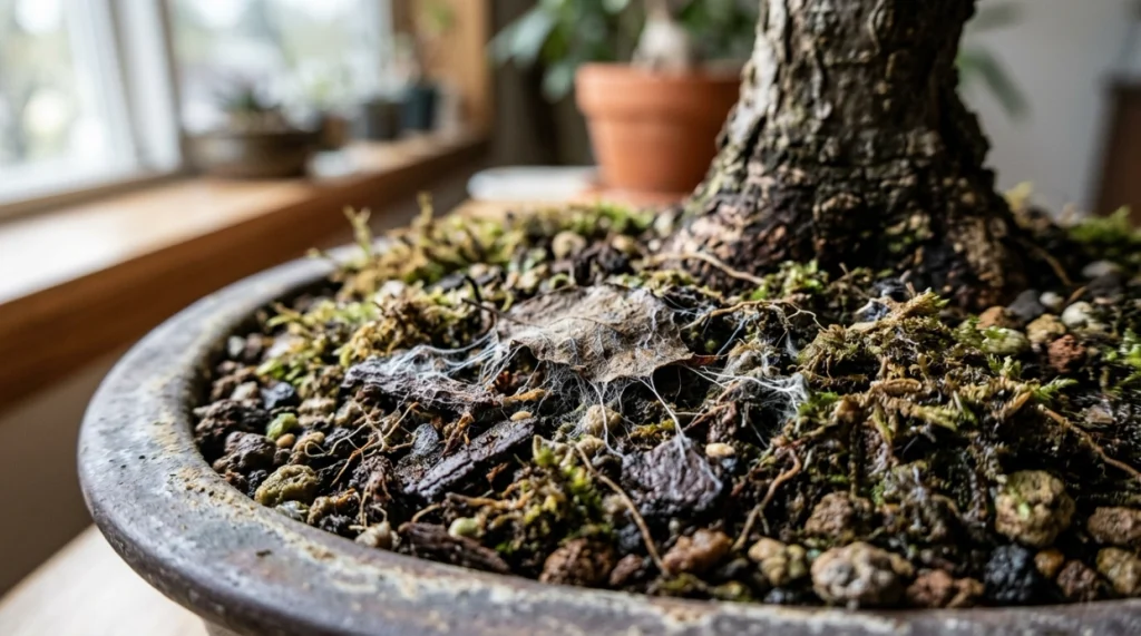 White fungal mycelium growing across damp bark, moss, and bonsai soil particles