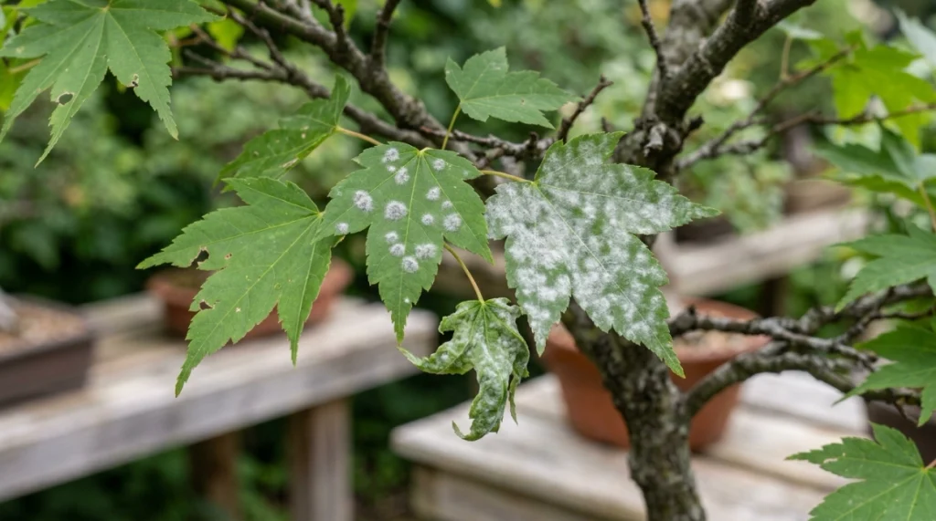 Close-up of powdery mildew on bonsai leaves with white patches and curled new growth