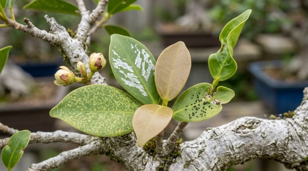 Close-up thrips damage on bonsai leaves with silver streaks, bronzing, dark specks, and curling