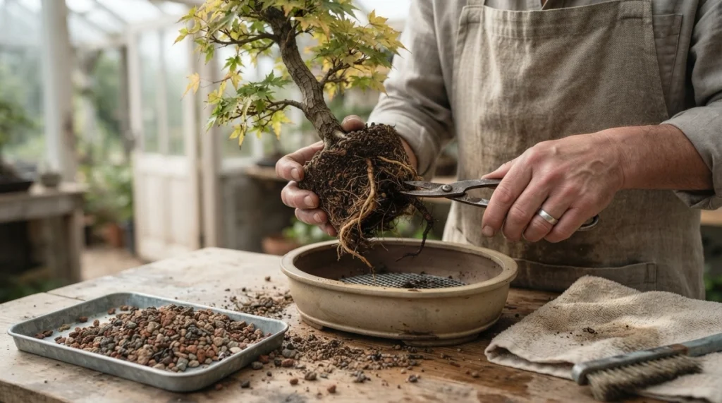 Grower conservatively trims a damaged bonsai root while preserving firm healthy roots.