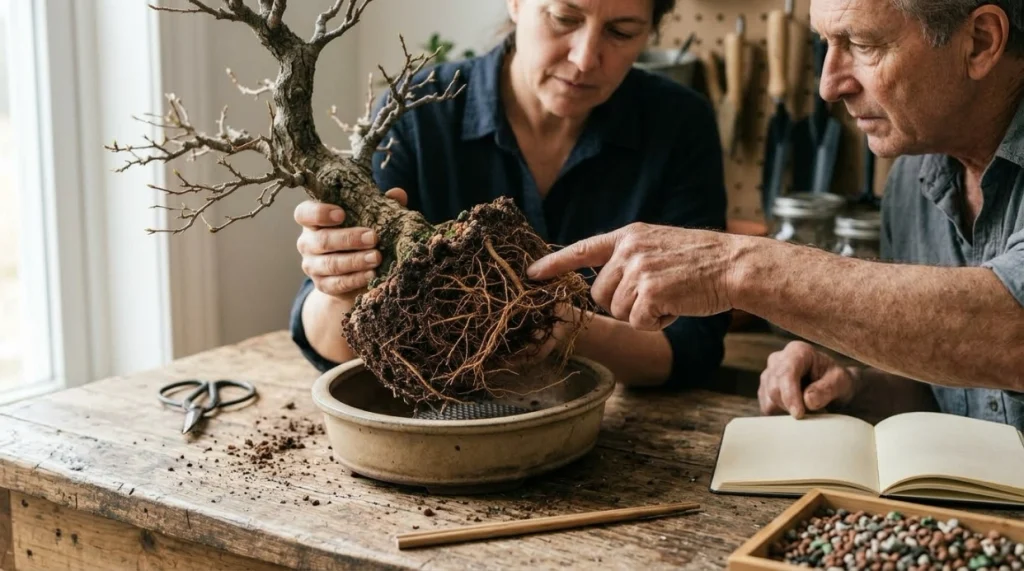 Two bonsai growers inspect compacted circling roots to decide whether repotting is needed