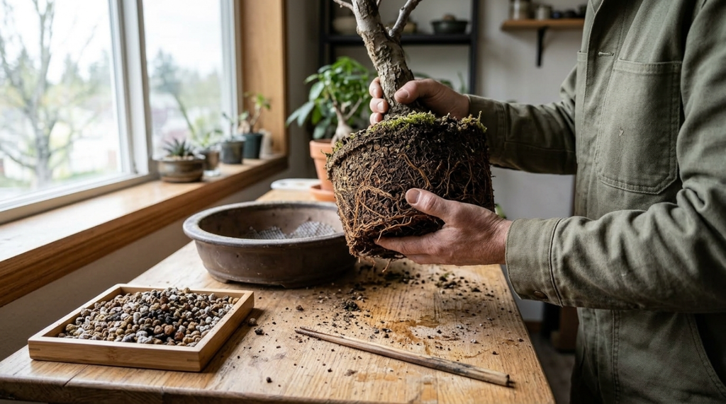 Grower inspecting bonsai roots, compacted soil, and drainage before deciding whether to repot
