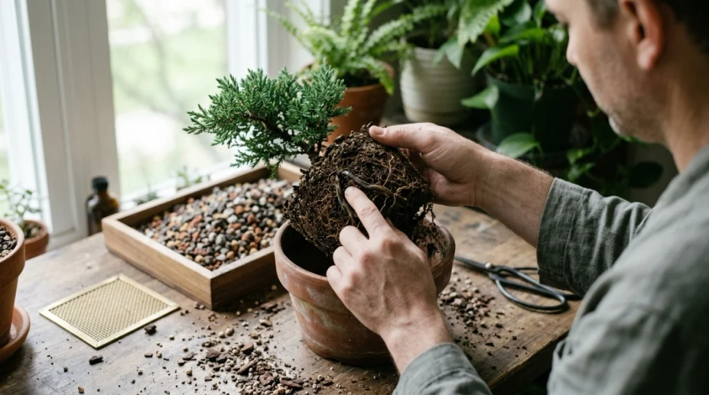 Bonsai grower inspecting damaged roots and broken-down soil before deciding whether to repot
