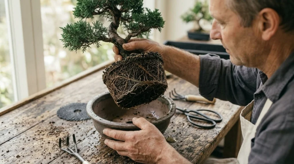Grower inspecting a dense bonsai root ball and old wet soil before repotting