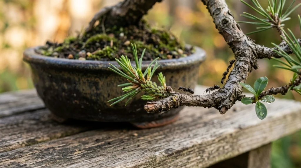 Ants climbing a bonsai branch toward aphids feeding on tender new shoots.