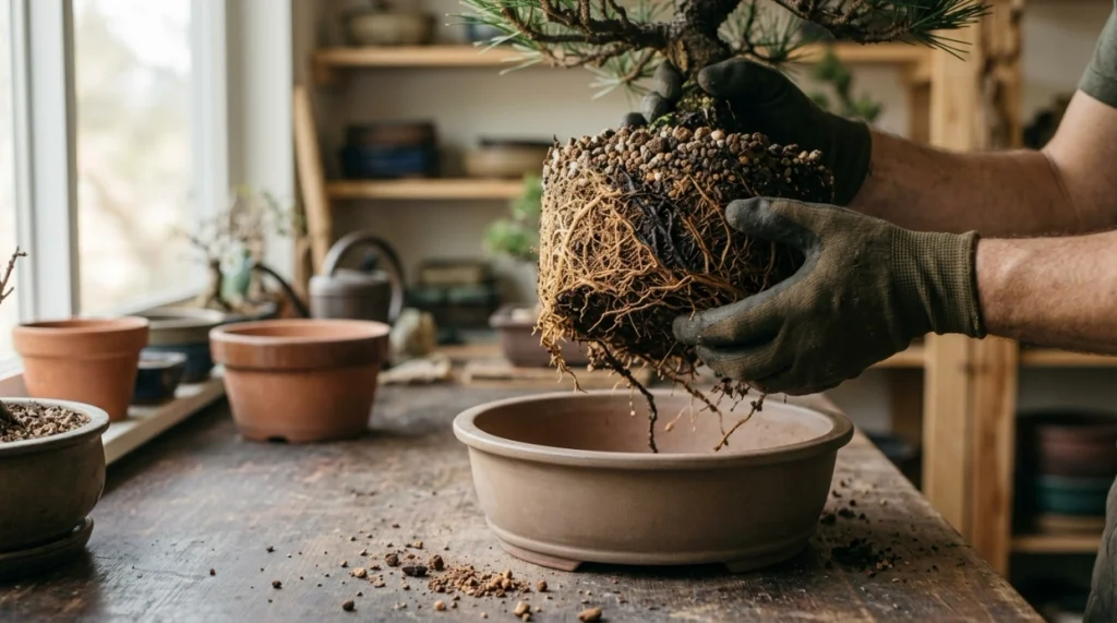 Damp bonsai root ball showing compacted soil, healthy roots, and dark deteriorating root tips