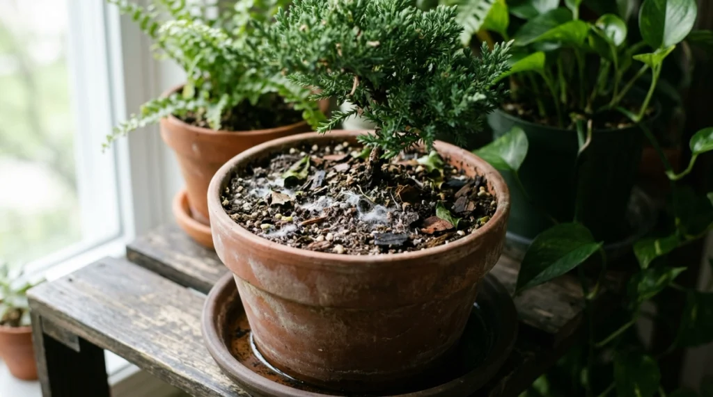 Damp bonsai soil with white fungus, organic debris, compacted substrate, and limited airflow
